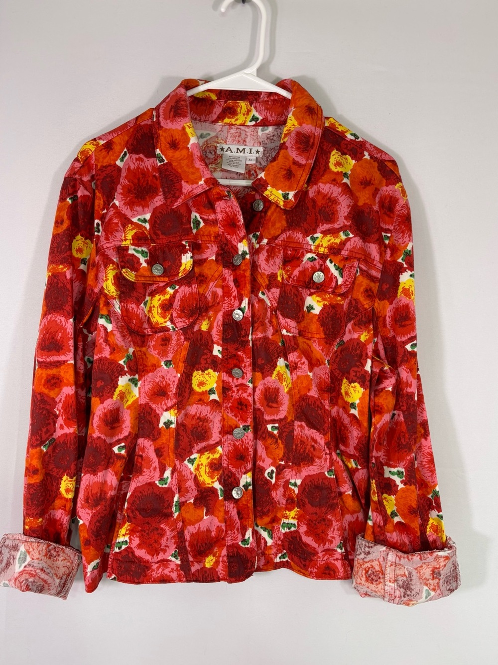 A.M.I Floral Denim Jacket Pink Red Orange Stretch Cotton Statement Jacket XL
